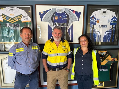 A-Plus Contracting + Poly Welding General Manager Damian Hamilton and HSEQ Manager Mick Hampson and Singleton Council Employment Pathways Advisor Riki Ward.jpg