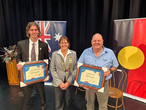 Mayor of Singleton Cr Sue Moore with 2023 Citizen of the Year Mick McCardle and Young Achiever of the Year Lachlan Fleming.jpg
