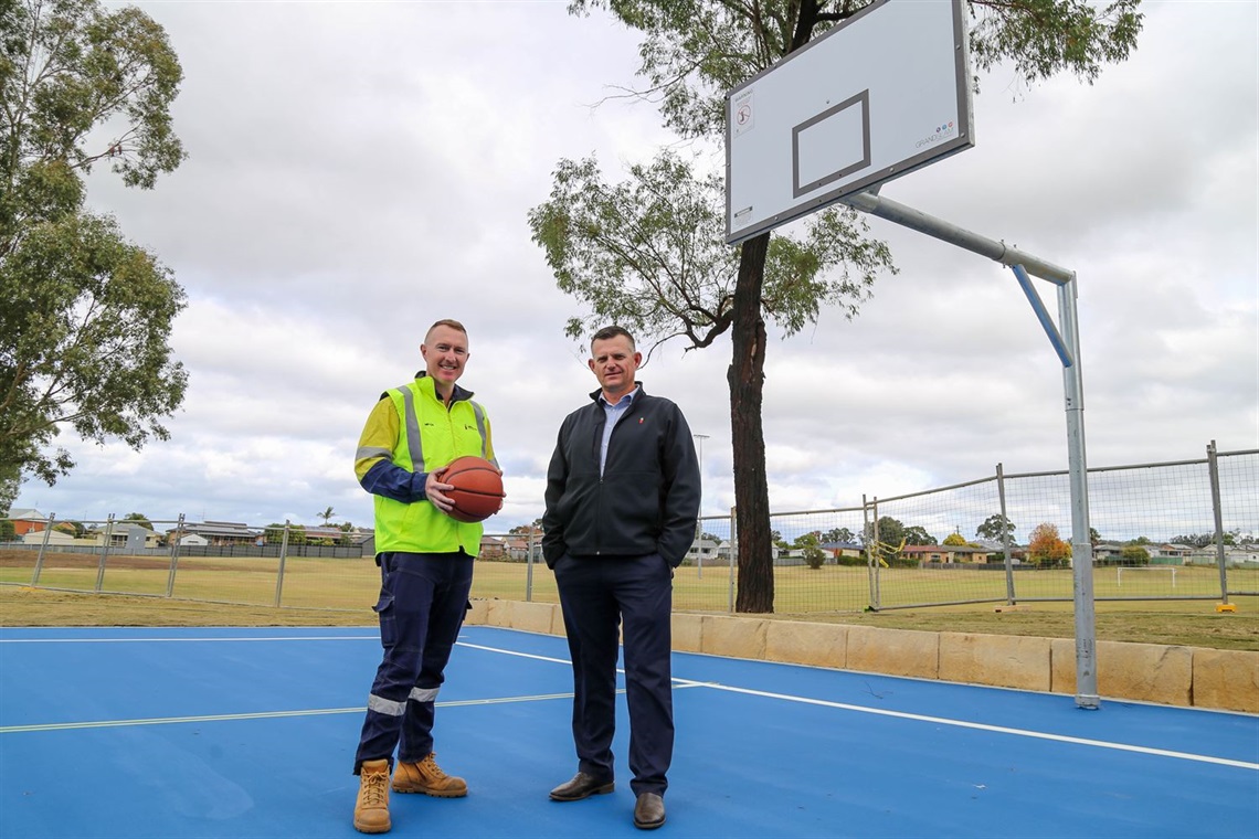 Council's Parks Management Officer Mitch Moy and Acting Director Infrastructure and Planning Damian Morris at Alroy Oval.jpg
